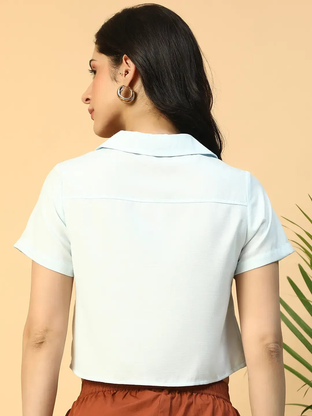 Icy Blue Collared Short Sleeve Women Shirt