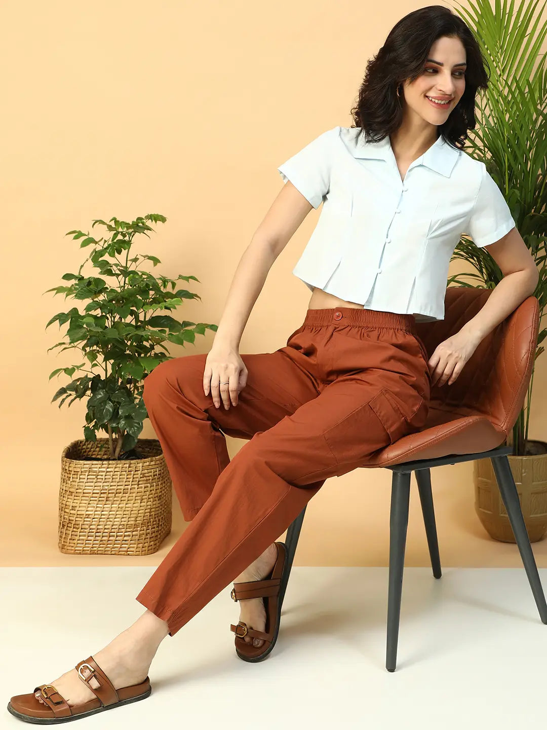 Icy Blue Collared Short Sleeve Women Shirt