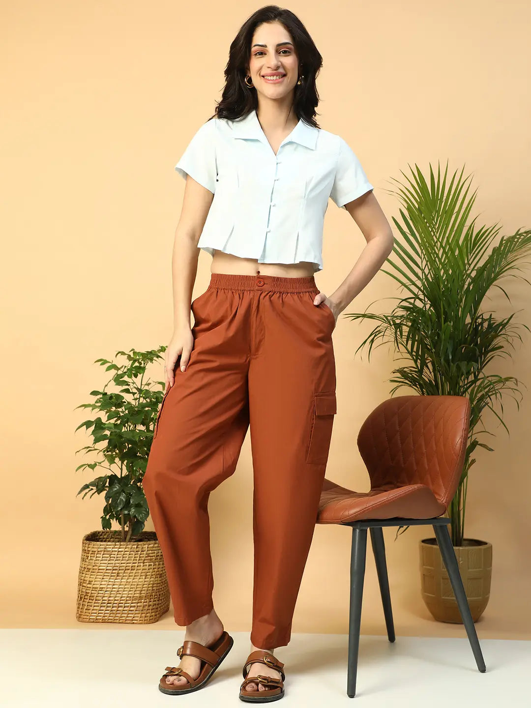 Icy Blue Collared Short Sleeve Women Shirt