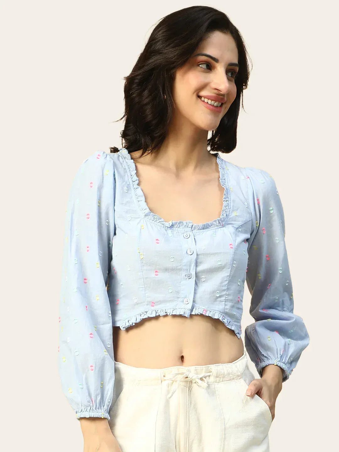 Blue Women’s Crop Top with Long Sleeves & Button-Down