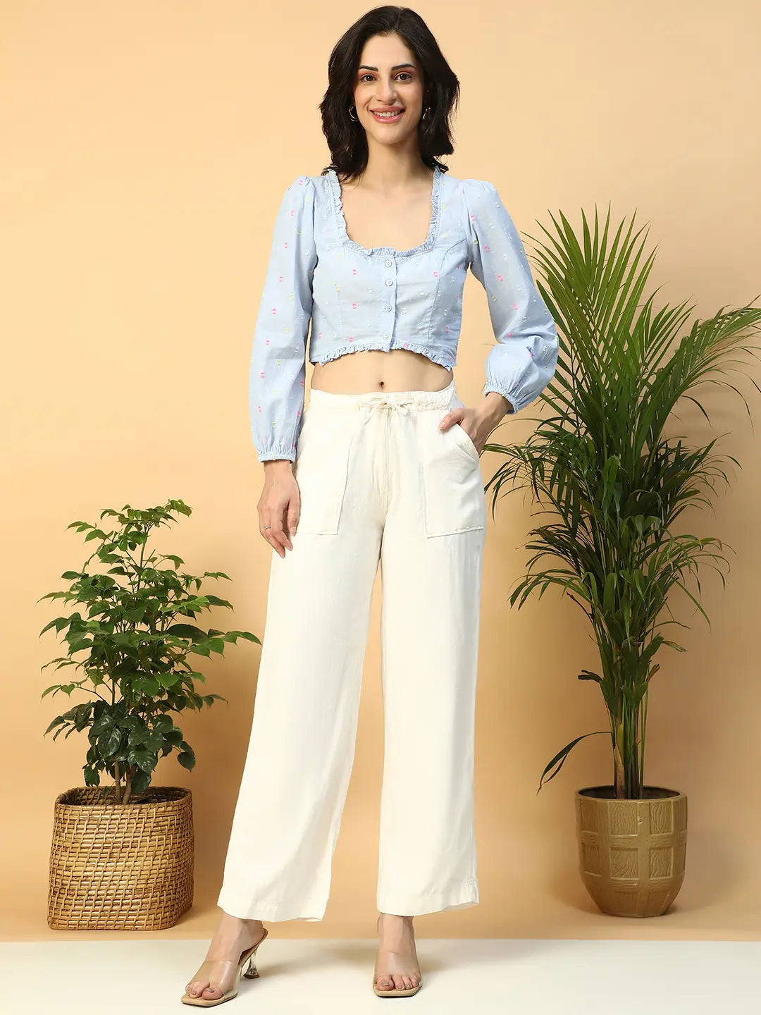 Blue Women’s Crop Top with Long Sleeves & Button-Down