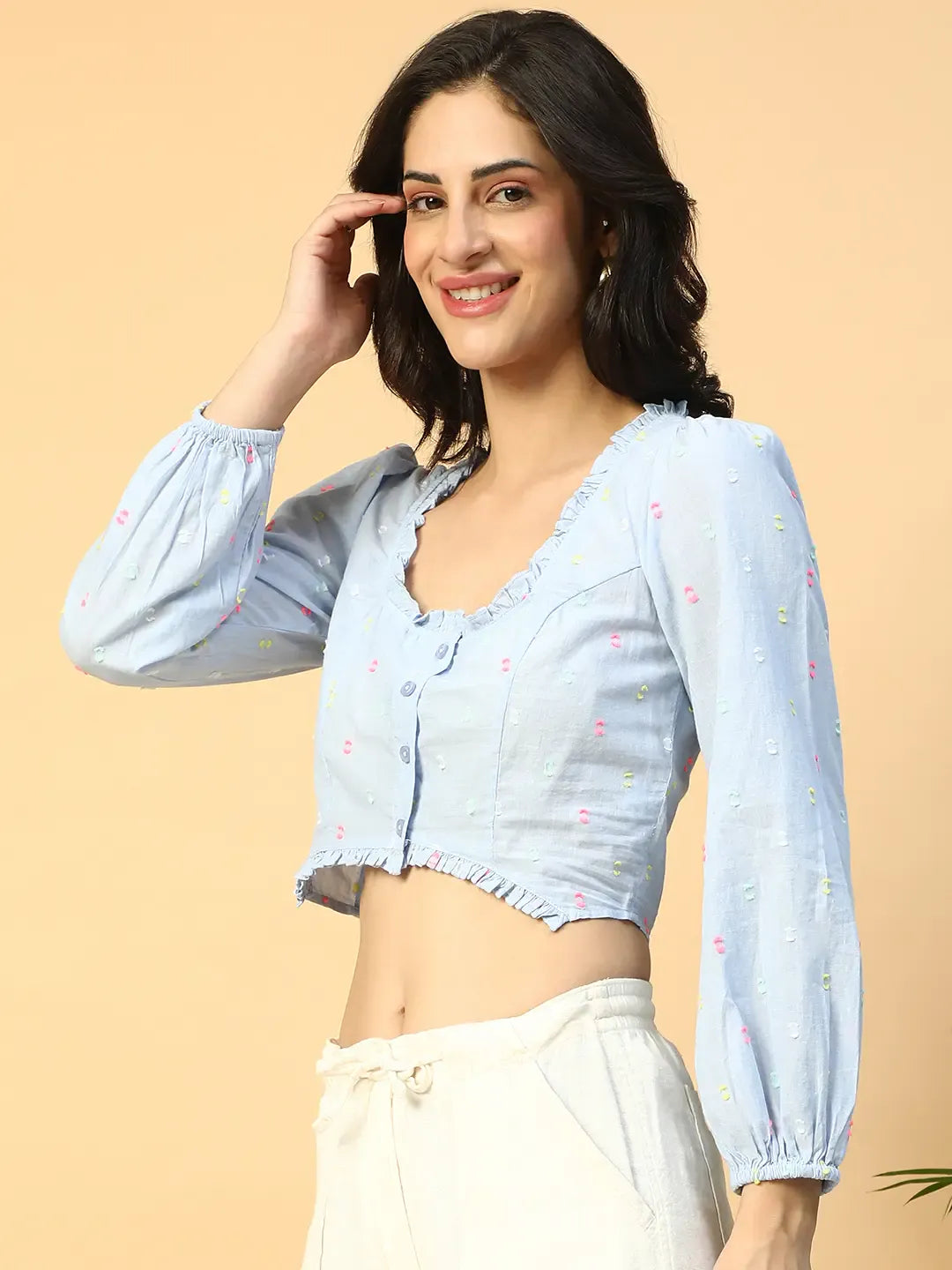 Blue Women’s Crop Top with Long Sleeves & Button-Down