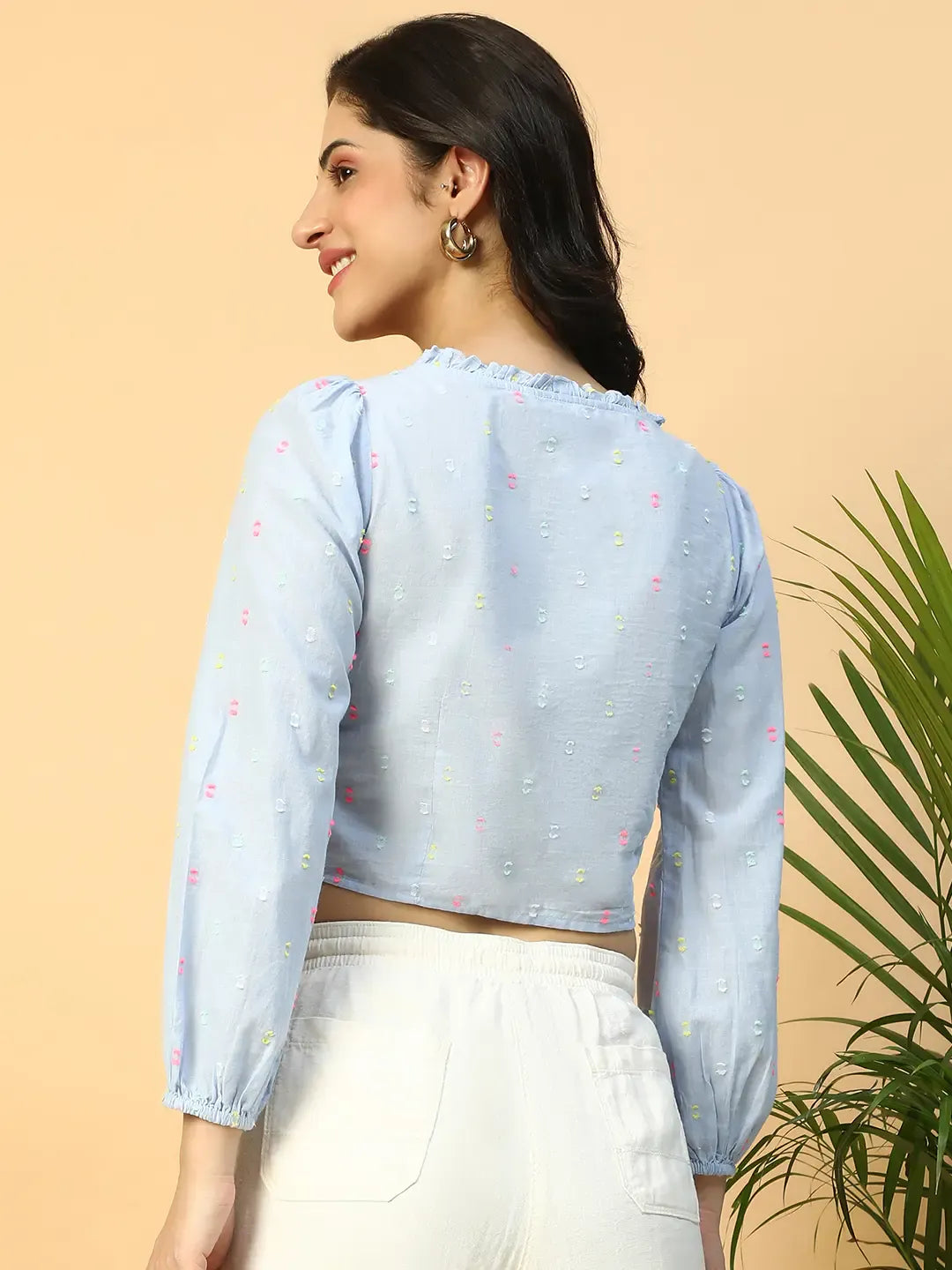 Blue Women’s Crop Top with Long Sleeves & Button-Down