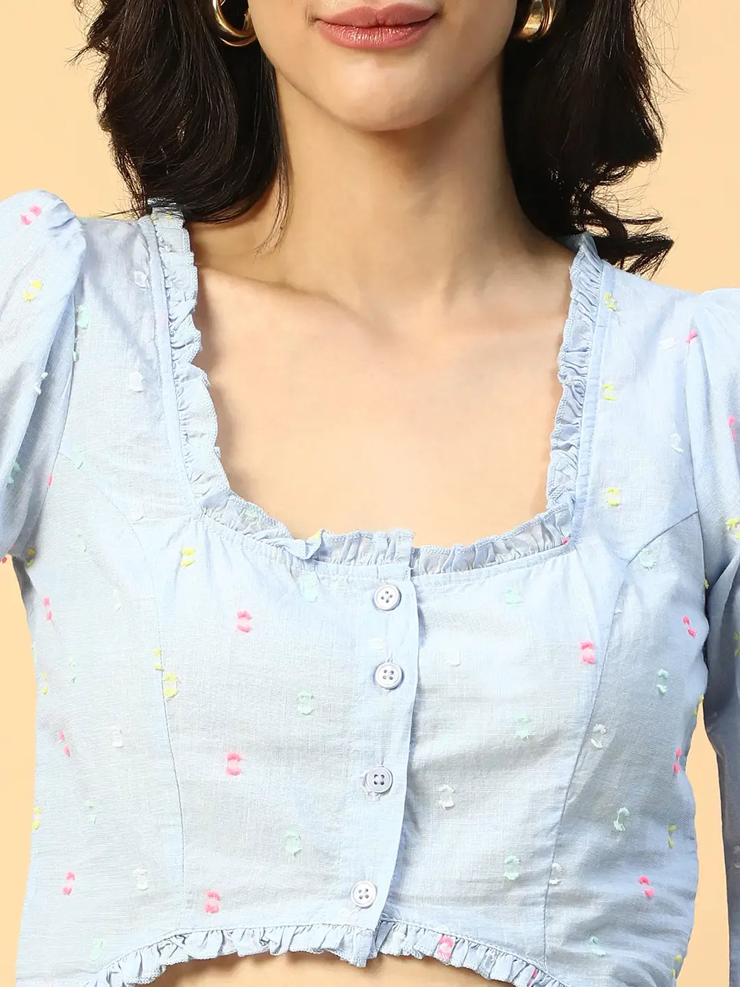 Blue Women’s Crop Top with Long Sleeves & Button-Down