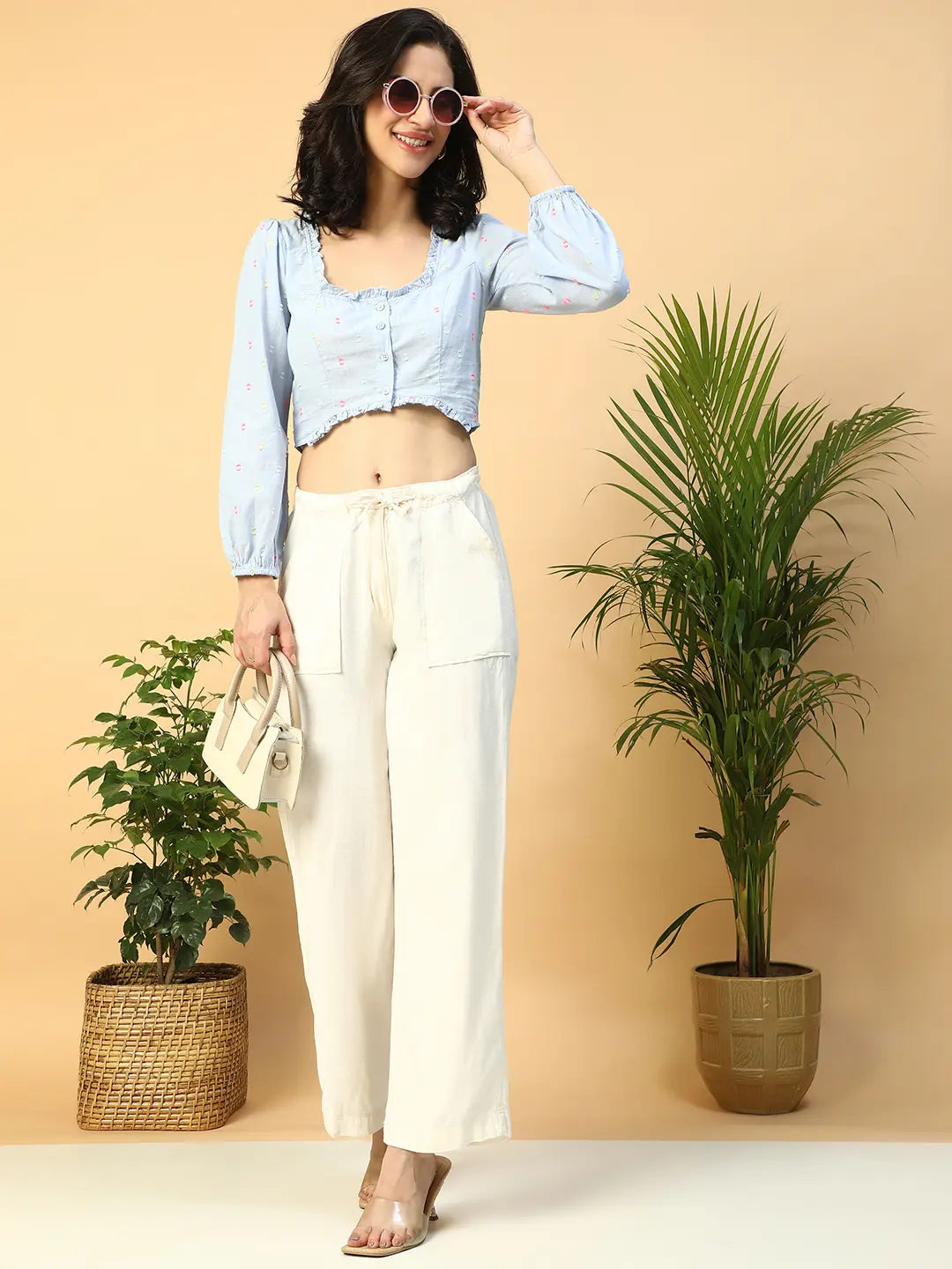 Blue Women’s Crop Top with Long Sleeves & Button-Down