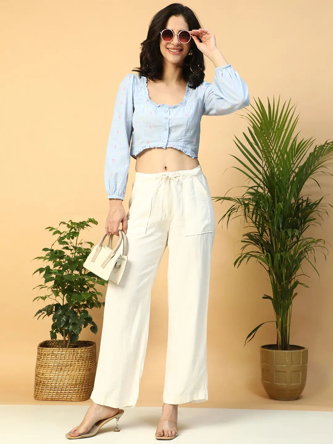 Blue Women’s Crop Top with Long Sleeves & Button-Down