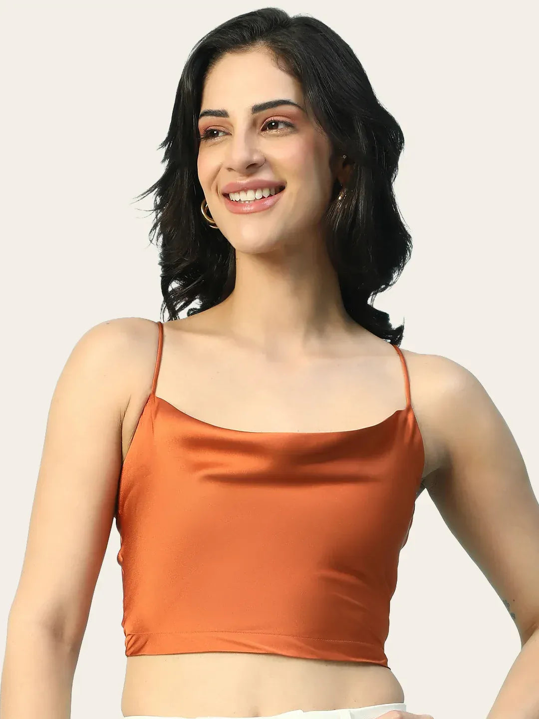 Dust Orange Women’s Satin Crop Top with Shoulder Straps