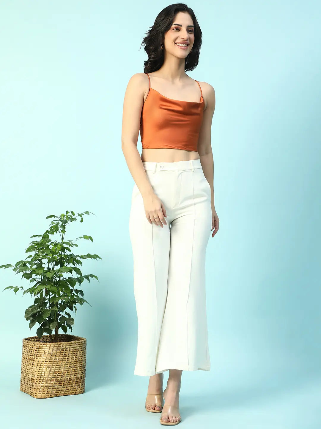 Dust Orange Women’s Satin Crop Top with Shoulder Straps