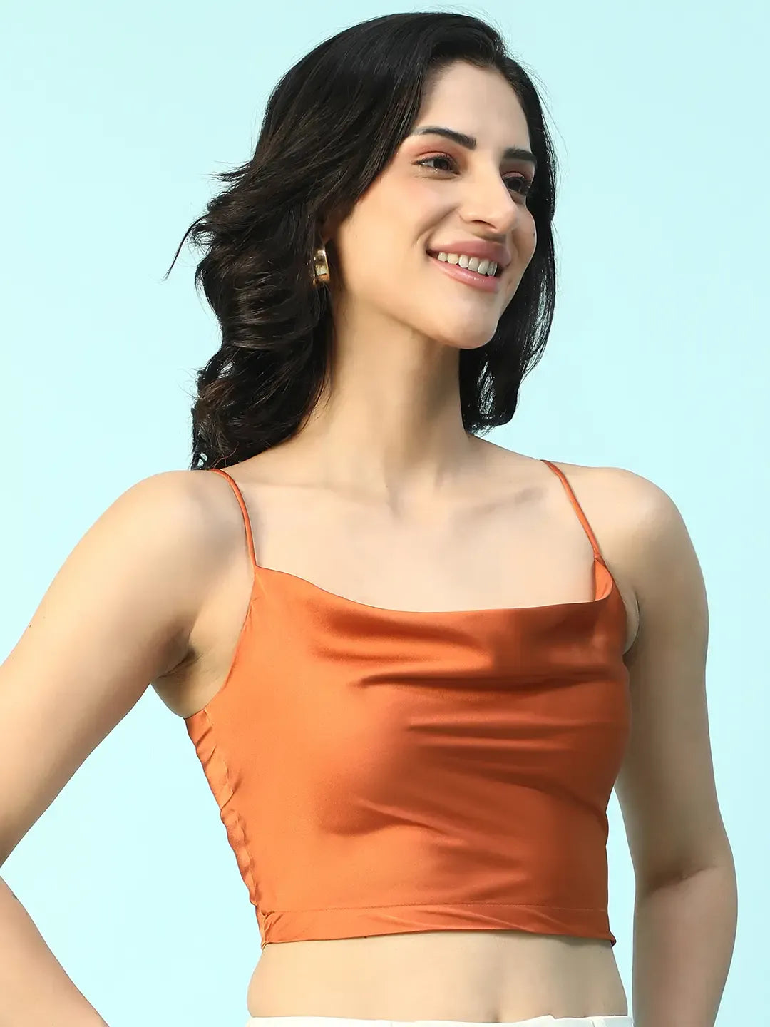 Dust Orange Women’s Satin Crop Top with Shoulder Straps