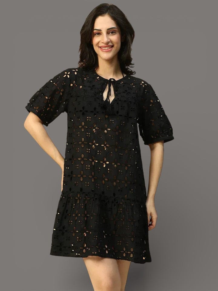 Women’s Black Cotton Schiffli Above-Knee Beachwear Dress