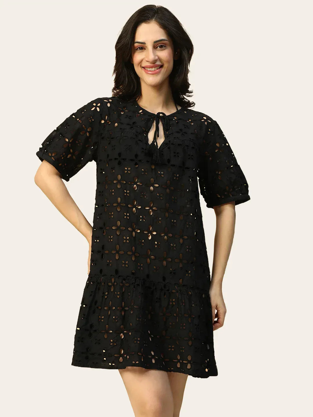 Women’s Black Cotton Schiffli Above-Knee Beachwear Dress