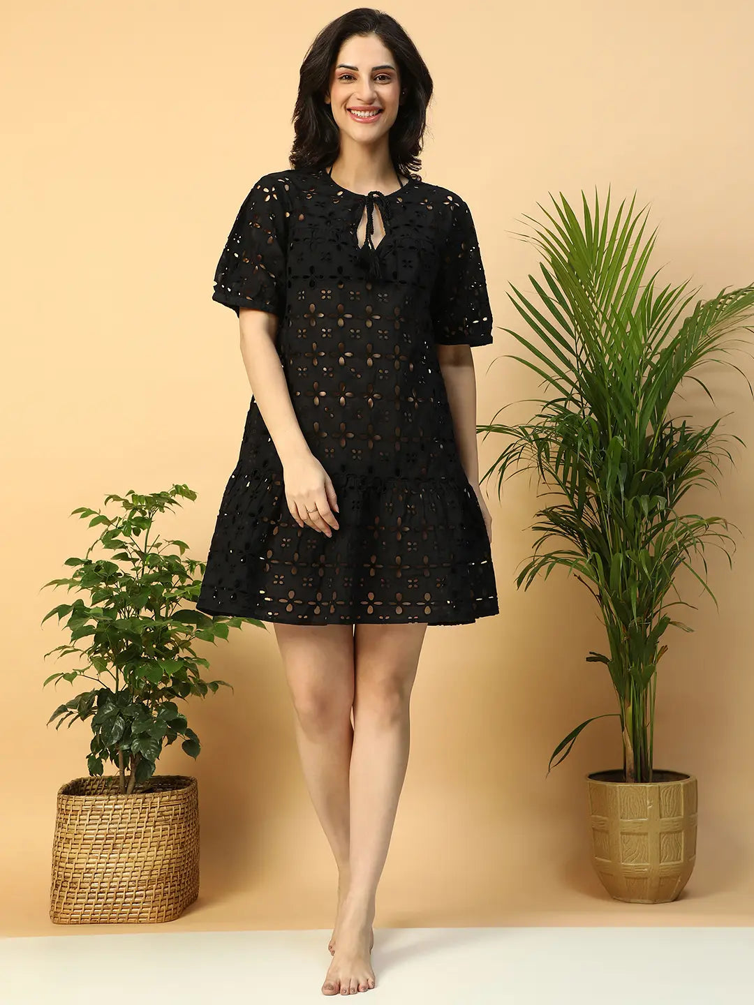 Women’s Black Cotton Schiffli Above-Knee Beachwear Dress