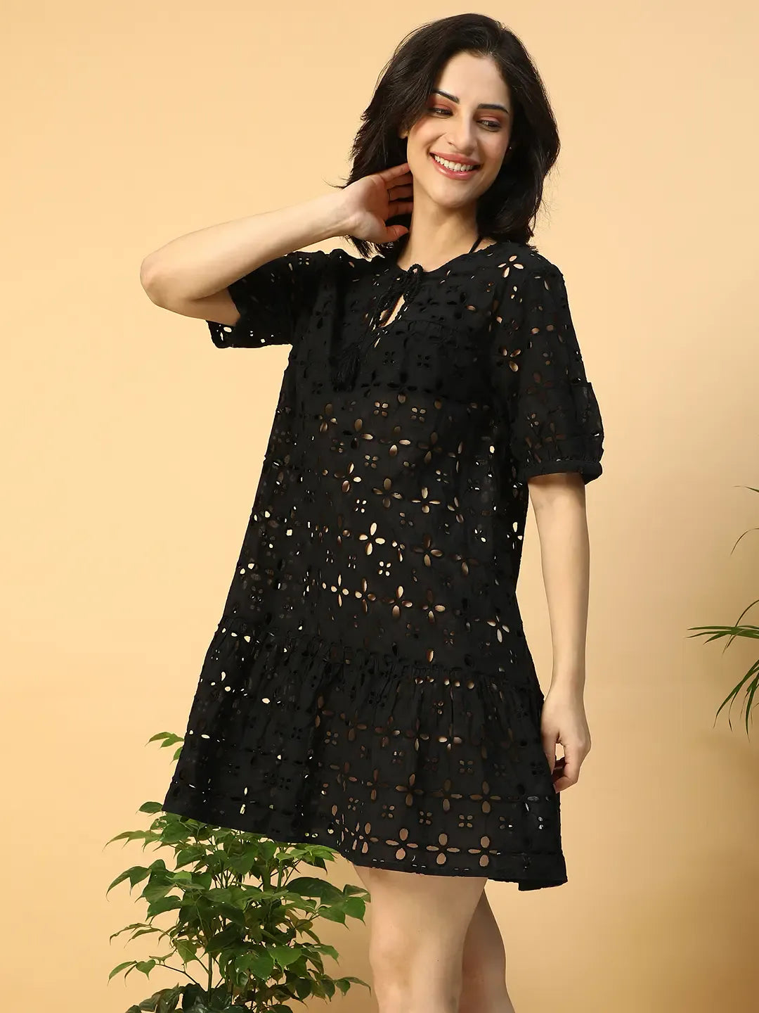 Women’s Black Cotton Schiffli Above-Knee Beachwear Dress