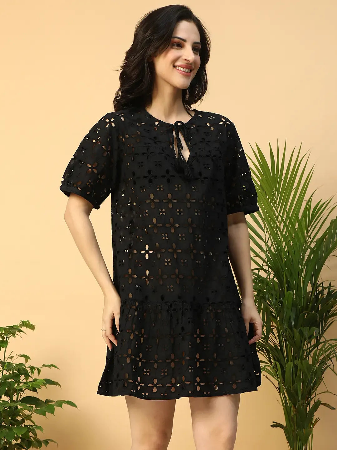 Women’s Black Cotton Schiffli Above-Knee Beachwear Dress