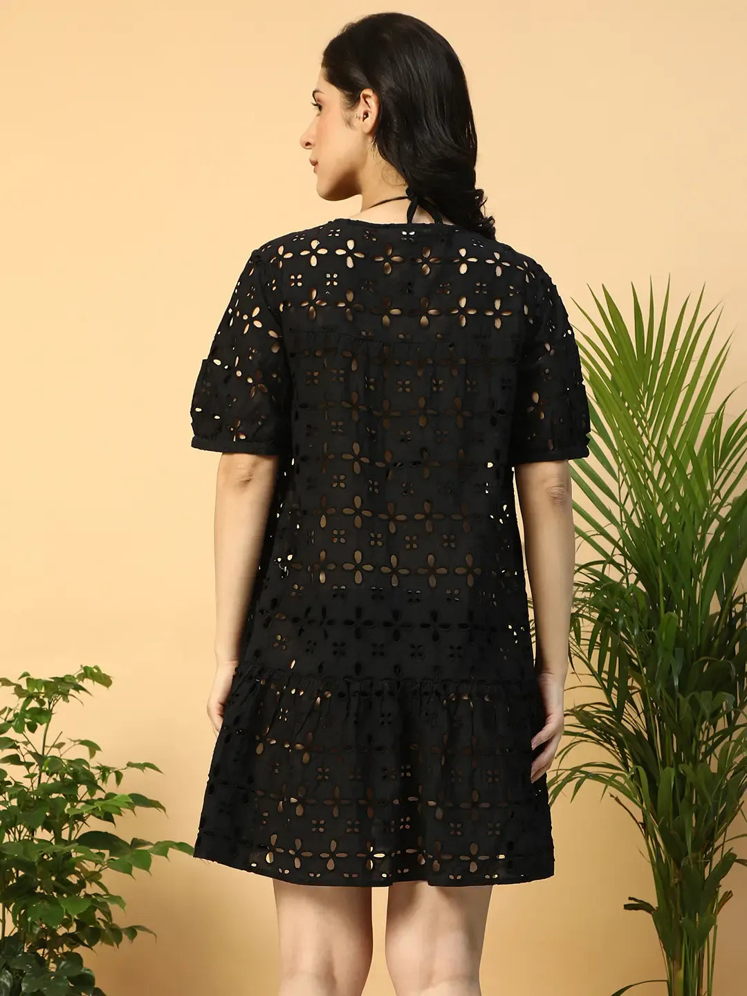 Women’s Black Cotton Schiffli Above-Knee Beachwear Dress