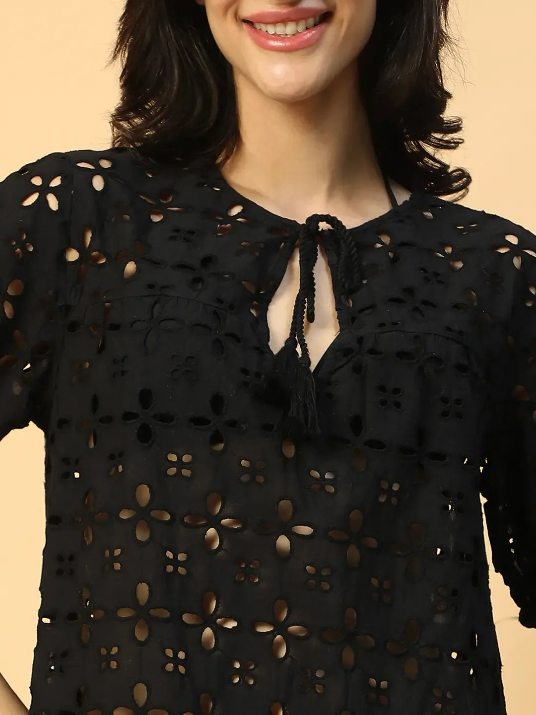 Women’s Black Cotton Schiffli Above-Knee Beachwear Dress