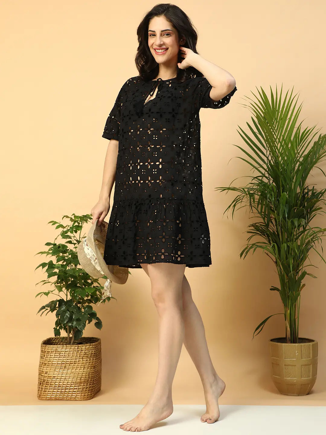 Women’s Black Cotton Schiffli Above-Knee Beachwear Dress