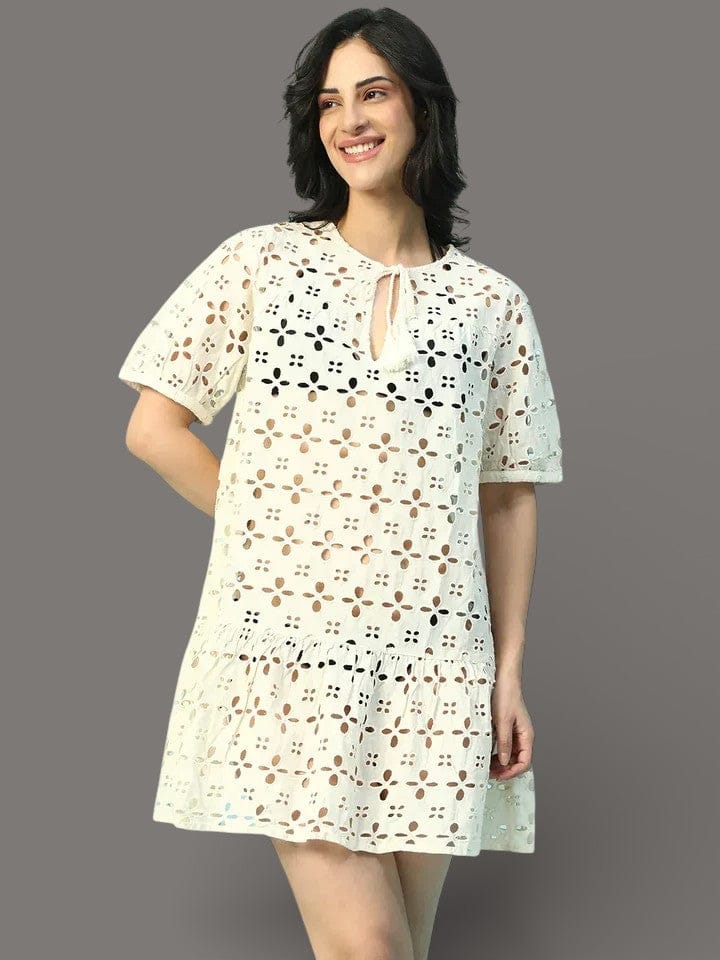 Women’s Beige Cotton Schiffli Above-Knee Beachwear Dress
