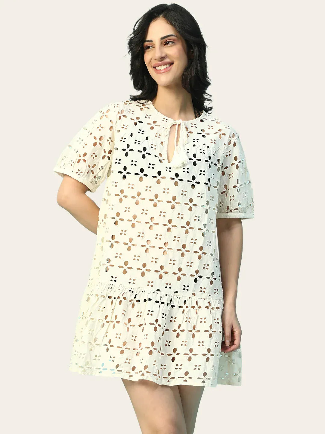 Women’s Beige Cotton Schiffli Above-Knee Beachwear Dress