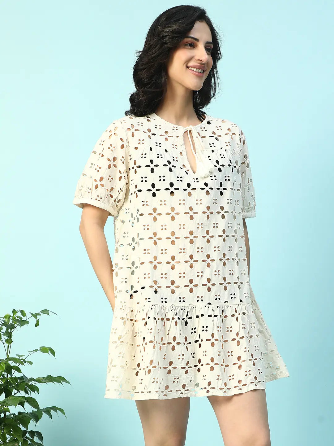 Women’s Beige Cotton Schiffli Above-Knee Beachwear Dress