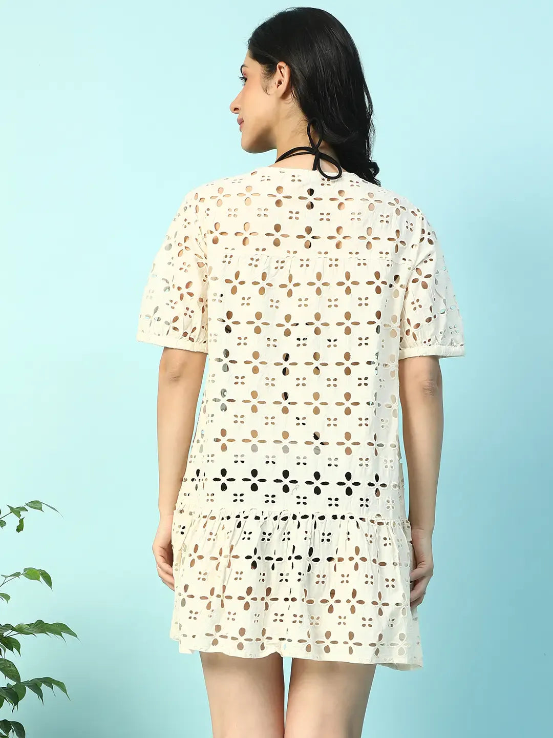 Women’s Beige Cotton Schiffli Above-Knee Beachwear Dress