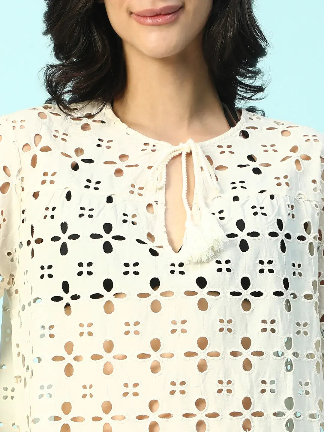 Women’s Beige Cotton Schiffli Above-Knee Beachwear Dress