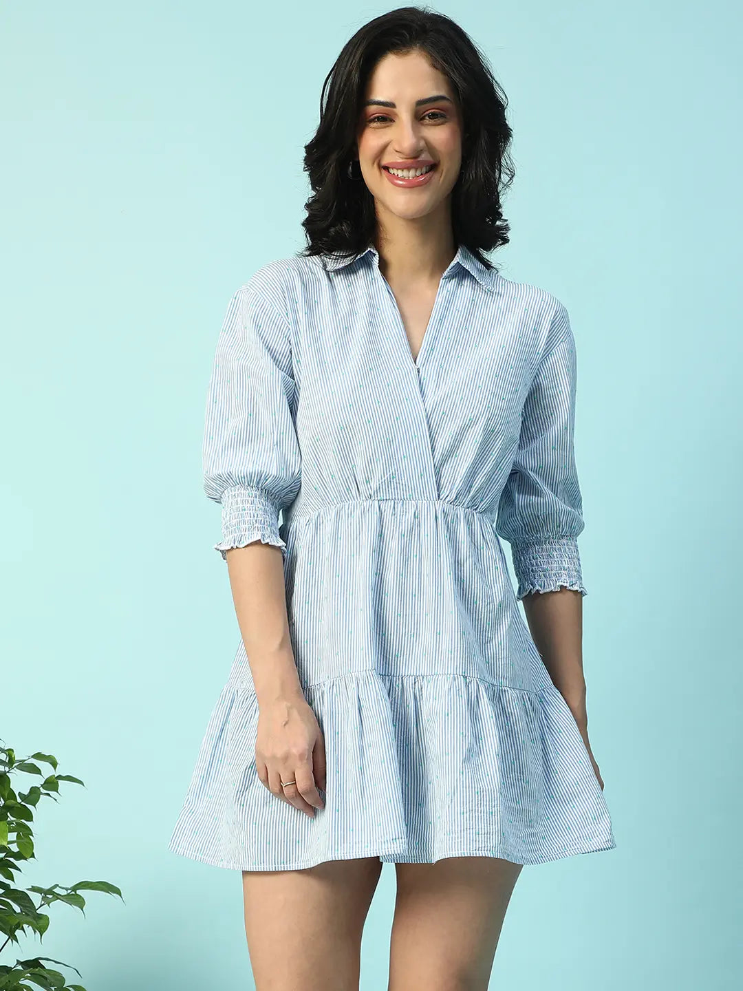 Blue Stripe Print Cotton Dress