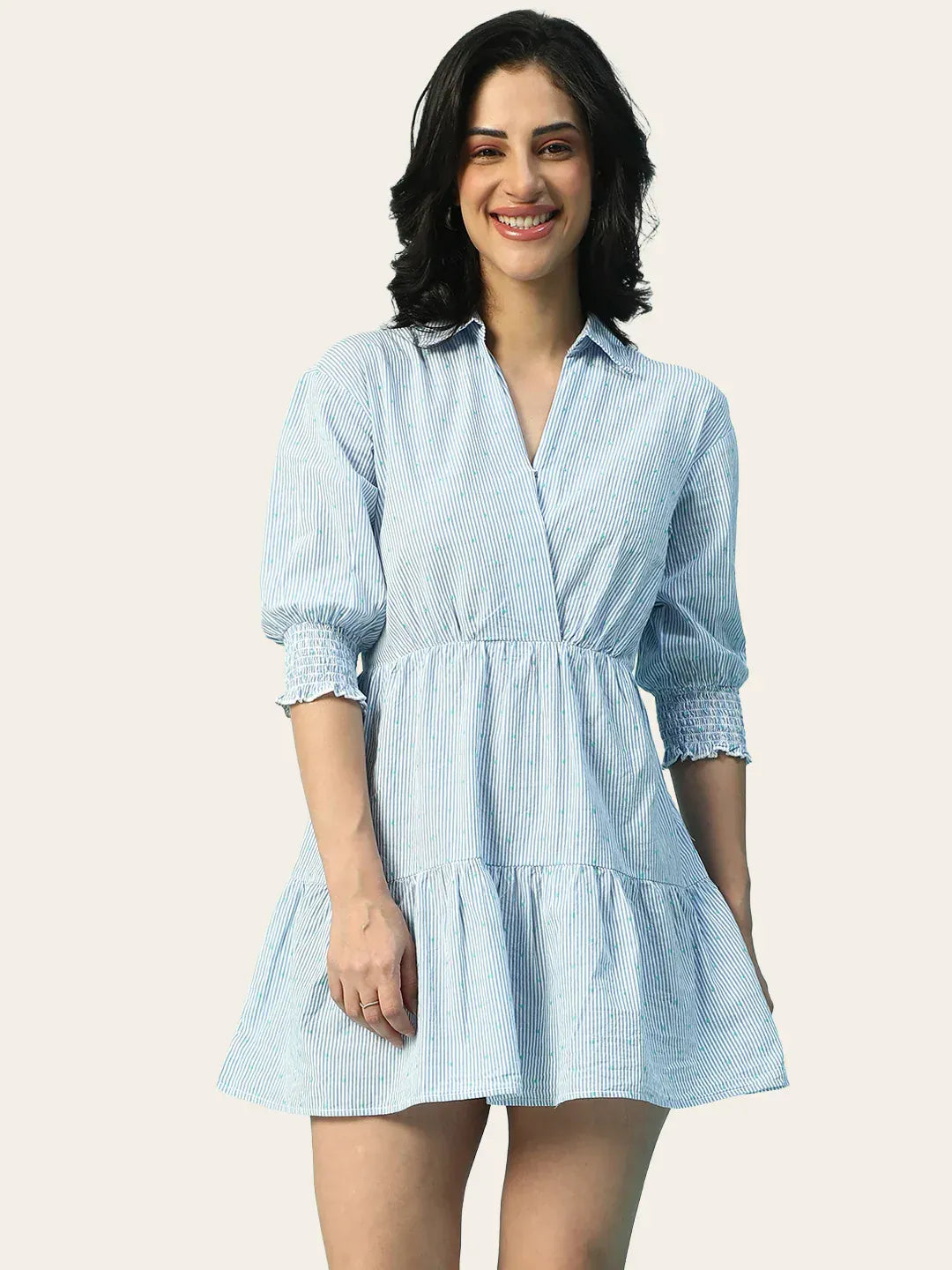Blue Stripe Print Cotton Dress