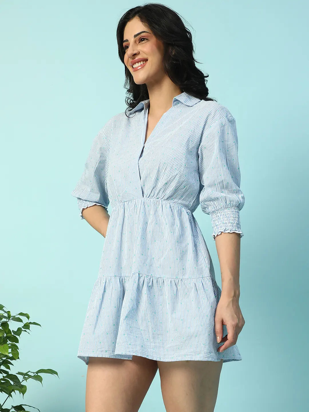 Blue Stripe Print Cotton Dress