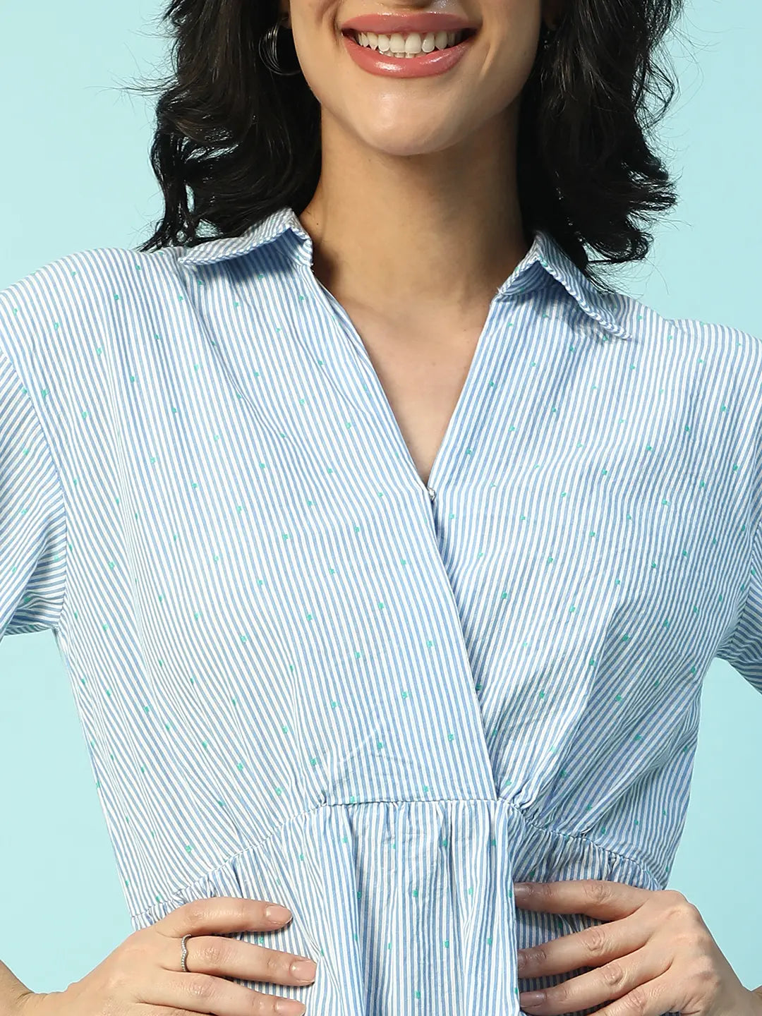 Blue Stripe Print Cotton Dress