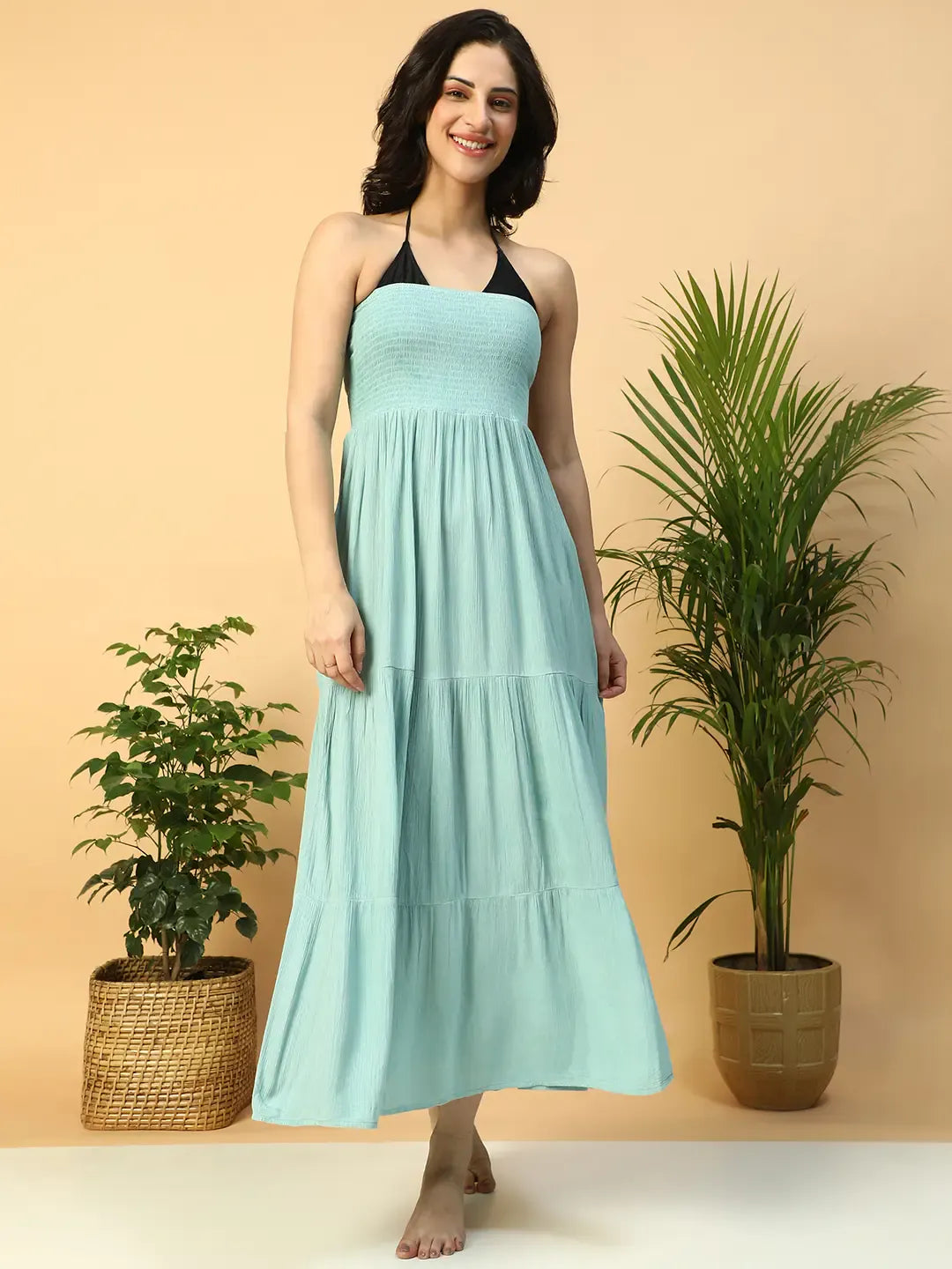 Women’s Light Blue Off-Shoulder Smocked Long Beachwear Dress