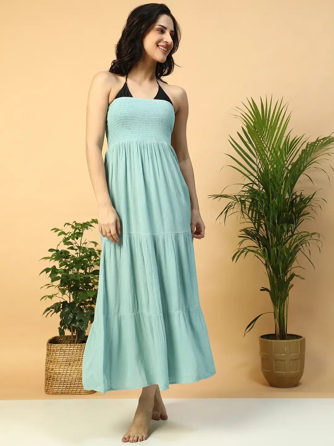 Women’s Light Blue Off-Shoulder Smocked Long Beachwear Dress