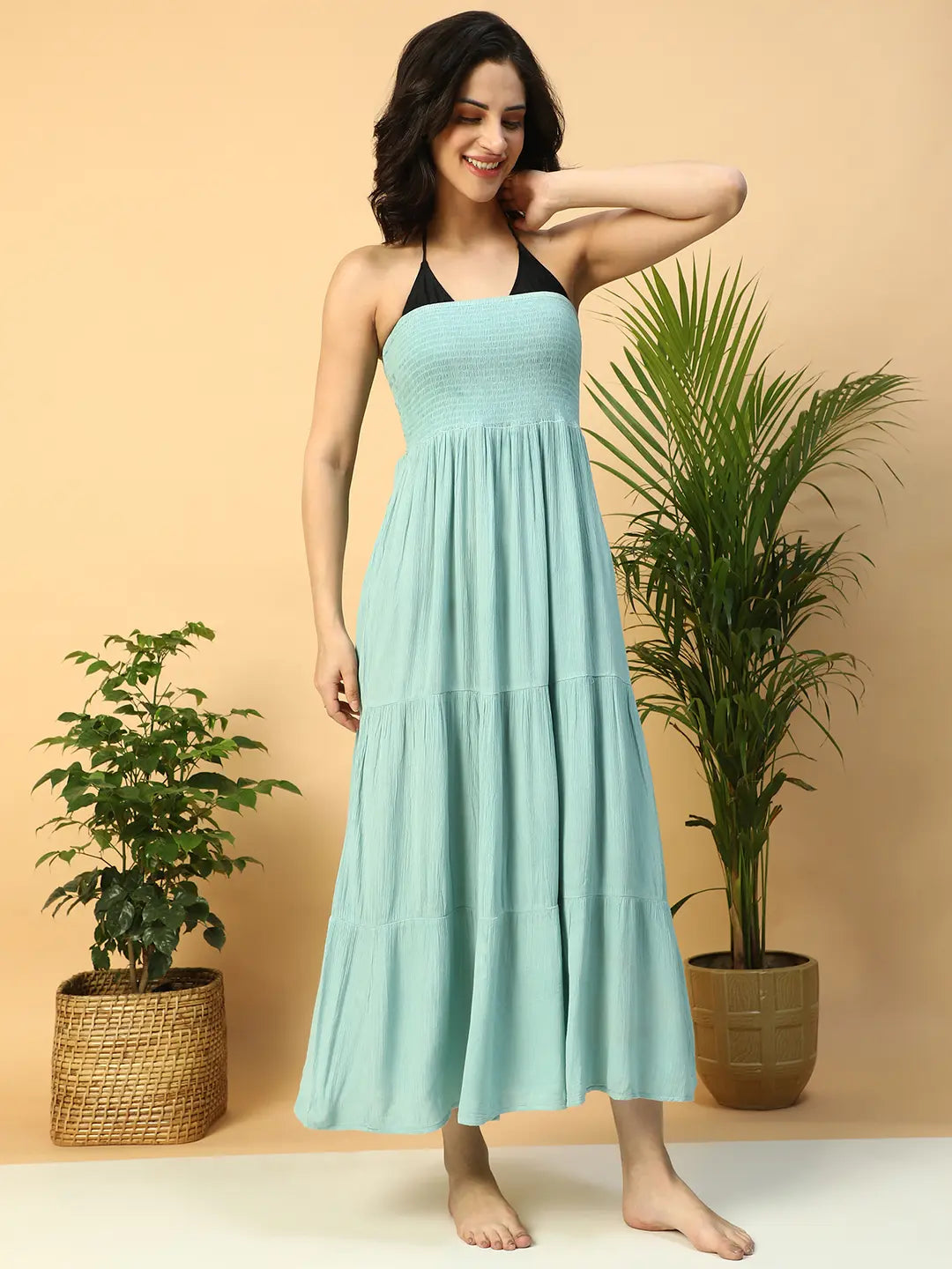 Women’s Light Blue Off-Shoulder Smocked Long Beachwear Dress