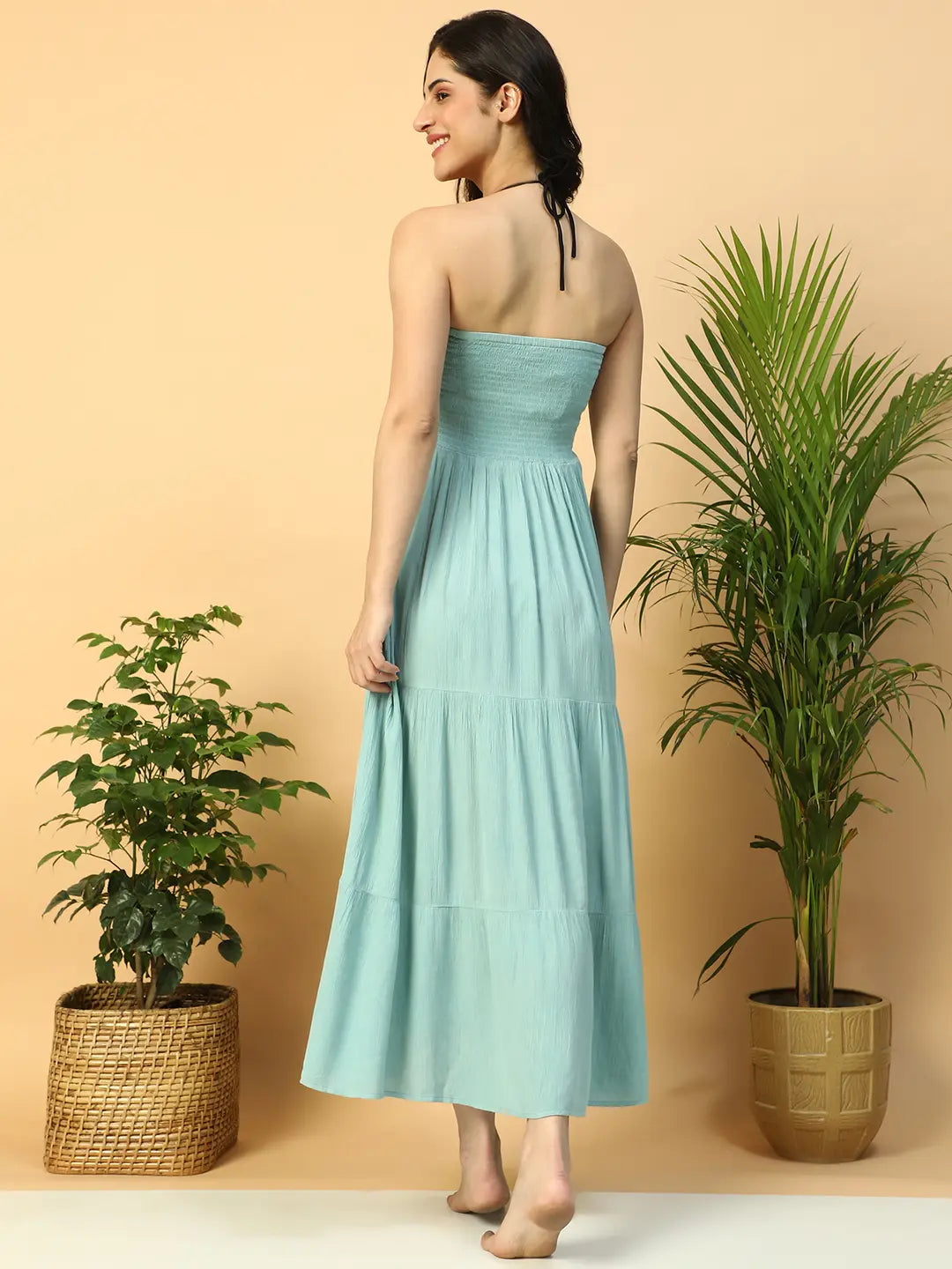 Women’s Light Blue Off-Shoulder Smocked Long Beachwear Dress