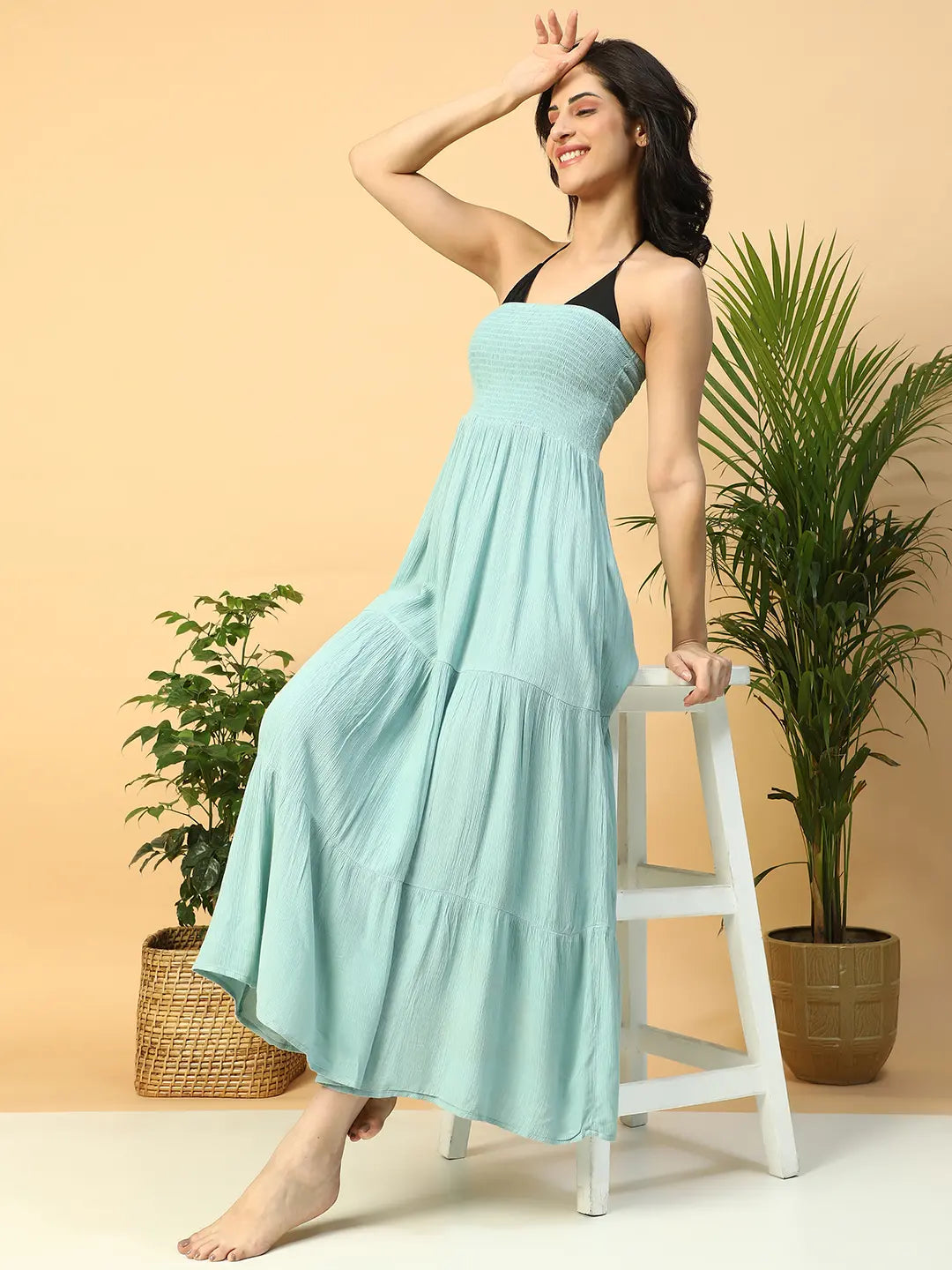 Women’s Light Blue Off-Shoulder Smocked Long Beachwear Dress