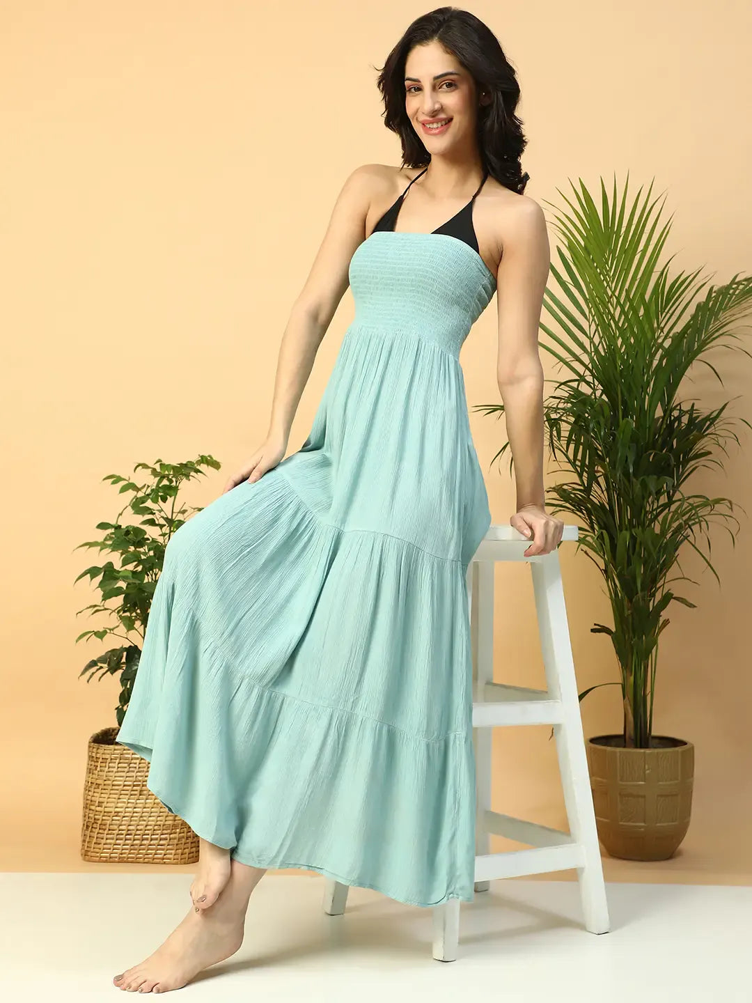 Women’s Light Blue Off-Shoulder Smocked Long Beachwear Dress