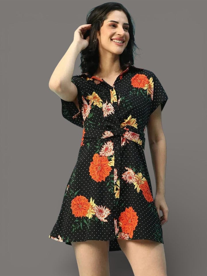 Black Floral Dress - Women's Belted Button Front Collared Casual Day Dress
