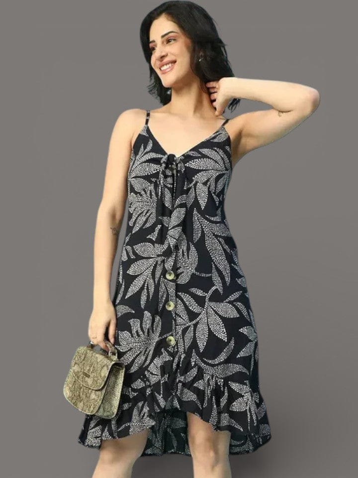 Black Tropical Dress - Sleeveless Summer Dress With Ruffle Detail & Button Down