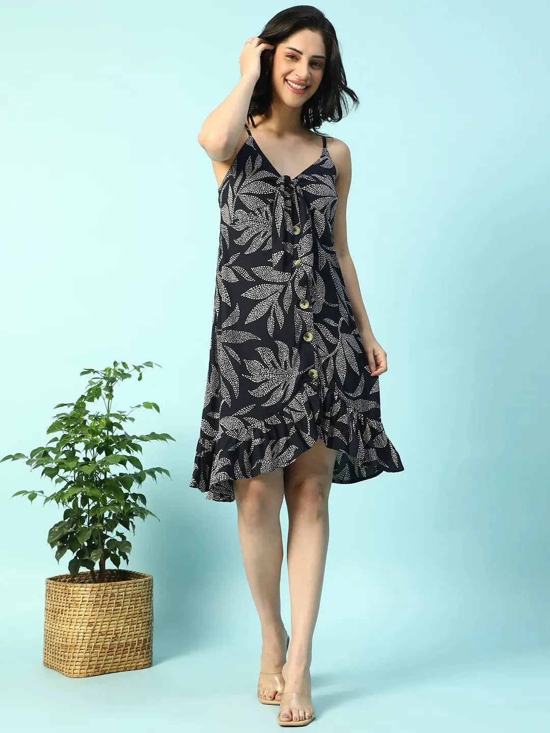 Black Tropical Print Tie-Up & Ruffle Detail Sleeveless Button Down Women Dress