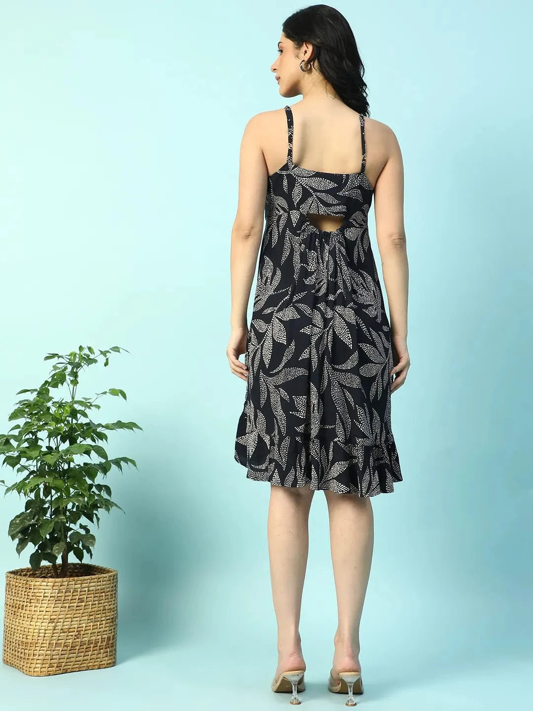 Black Tropical Print Tie-Up & Ruffle Detail Sleeveless Button Down Women Dress