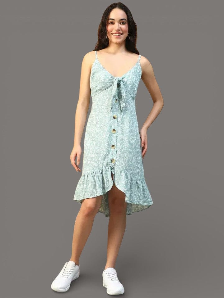 Light Green Floral Dress - Sleeveless Button Down With Ruffle Detail & Tie-Up Straps