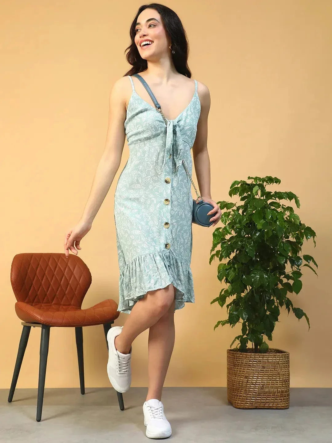 Light Green Floral Print Tie-Up & Ruffle Detail Sleeveless Button Down Women Dress - oxolloxo