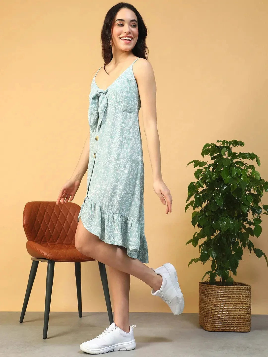 Light Green Floral Print Tie-Up & Ruffle Detail Sleeveless Button Down Women Dress - oxolloxo