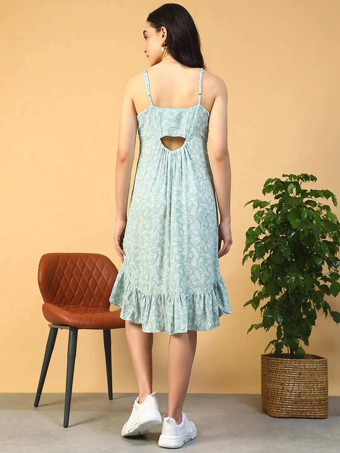 Light Green Floral Print Tie-Up & Ruffle Detail Sleeveless Button Down Women Dress - oxolloxo