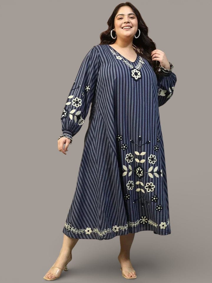 Plus Size Navy Blue Embroidered Dress