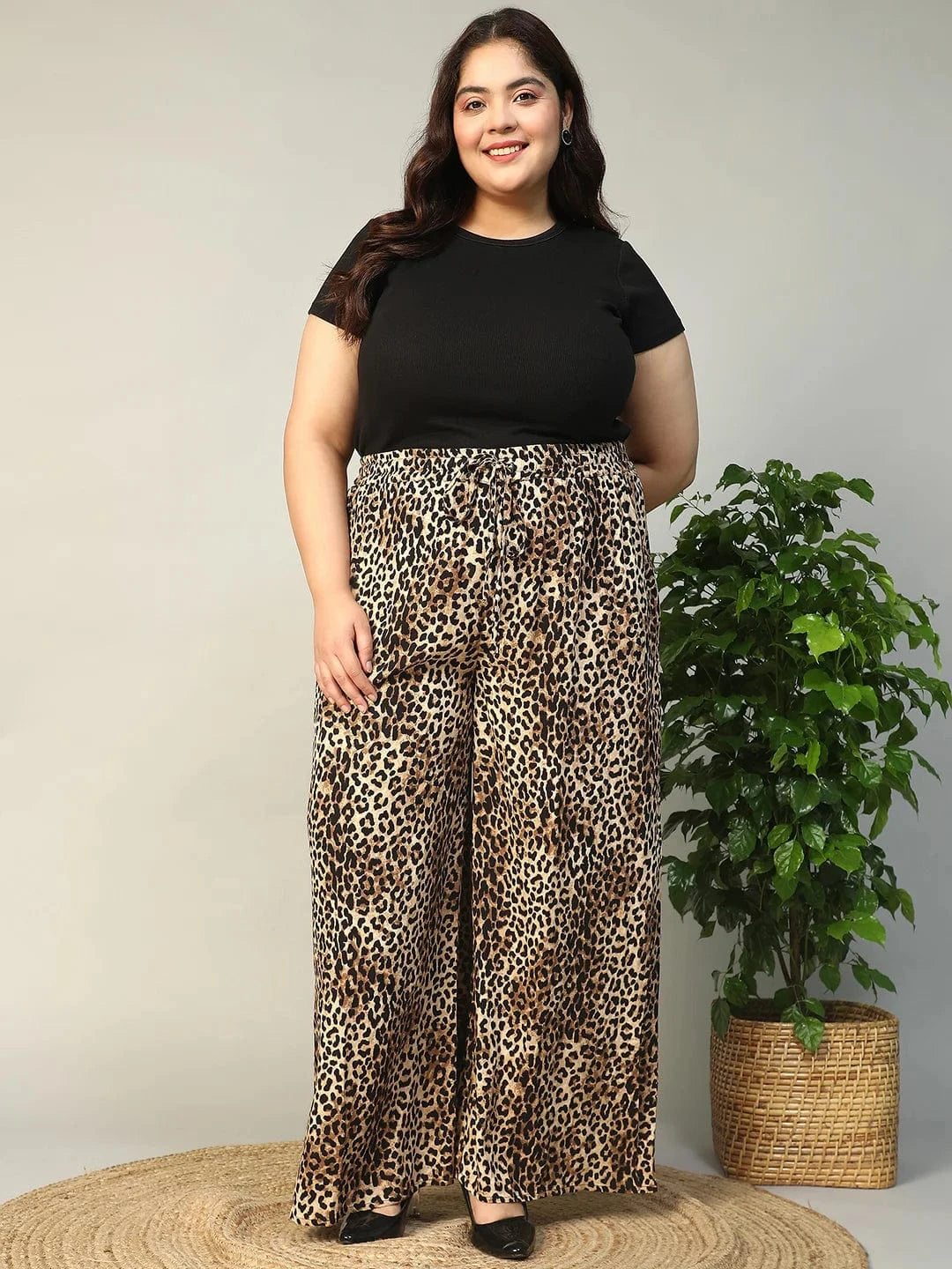 Multicolor Animal Print Elasticated With Tie-Up Detail Plus Size Women Flare Pant