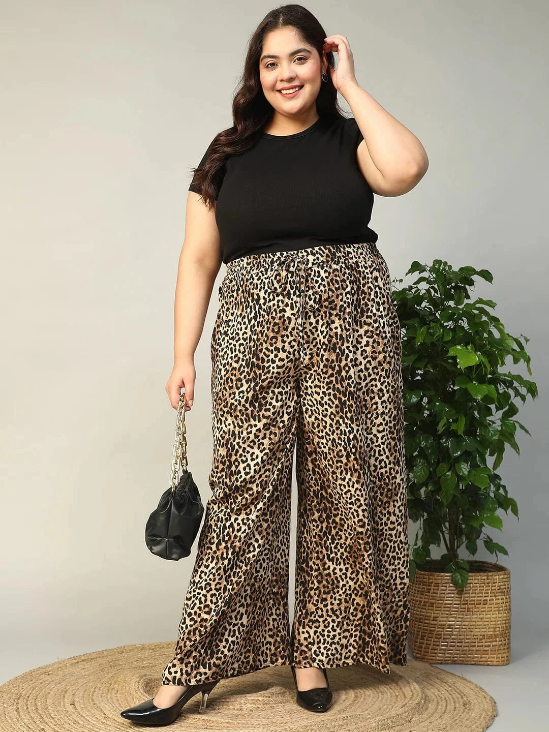 Multicolor Animal Print Elasticated With Tie-Up Detail Plus Size Women Flare Pant