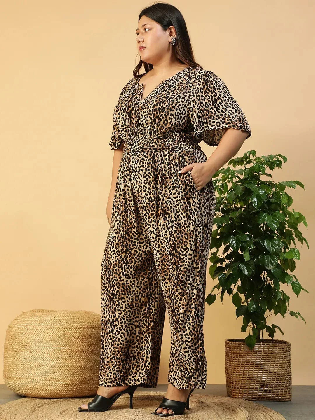 Multicolor Animal Print Button Down Short Sleeve Elasticated Plus Size Women Jumpsuit - oxolloxo