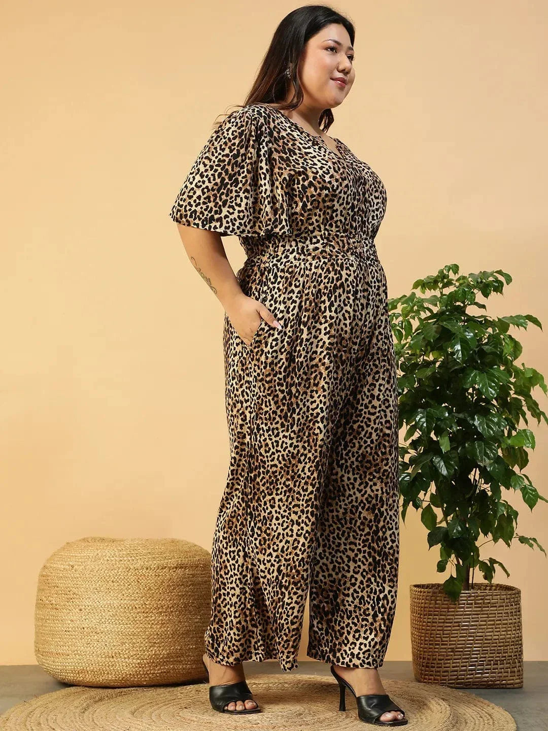 Multicolor Animal Print Button Down Short Sleeve Elasticated Plus Size Women Jumpsuit - oxolloxo