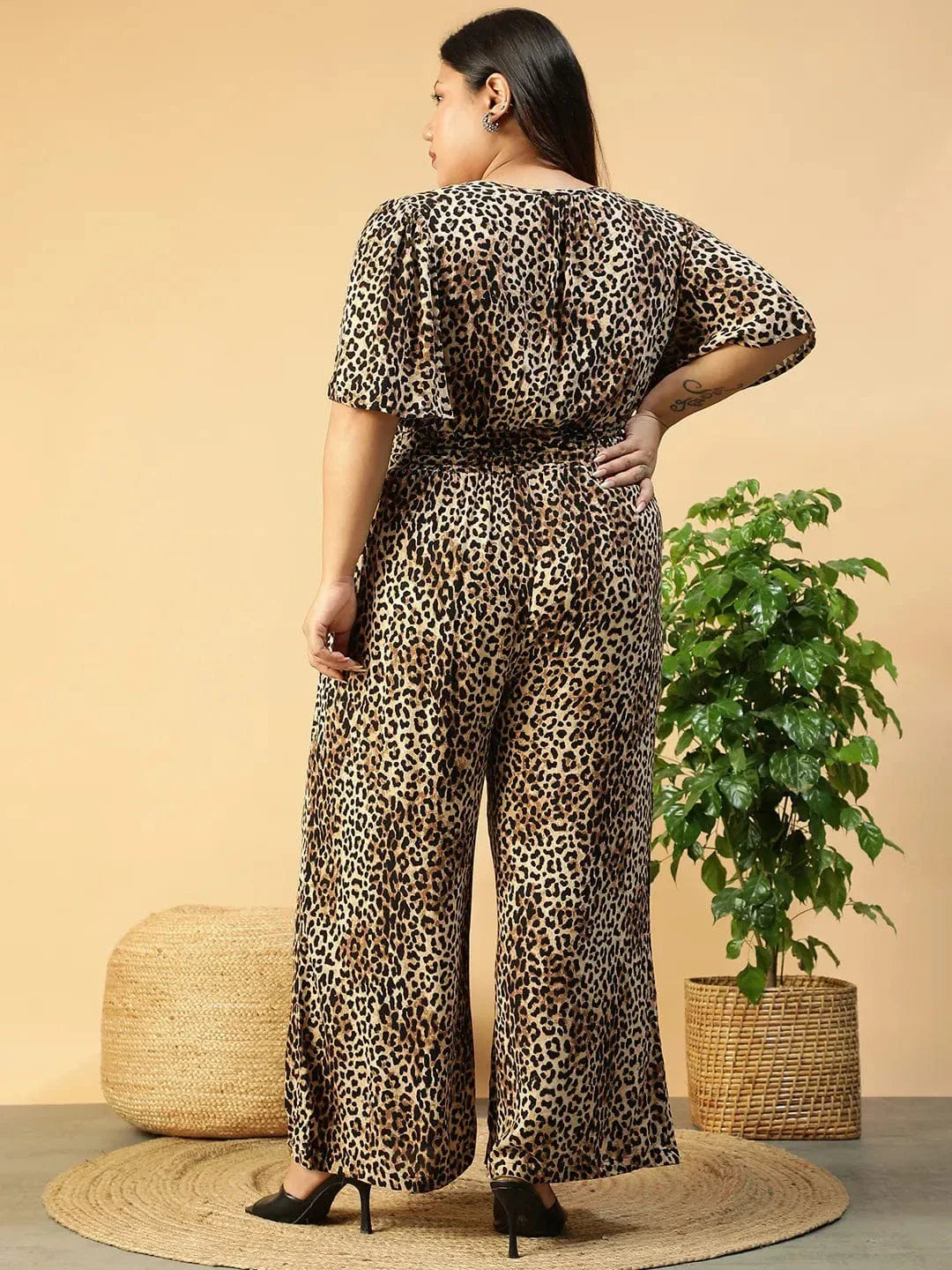 Multicolor Animal Print Button Down Short Sleeve Elasticated Plus Size Women Jumpsuit - oxolloxo